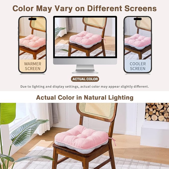 BETU Pink Chair Cushions for Dining Chairs Set of 4,3.5" Thick Kitchen Table Chair Pads with Ties,Non Slip Backing and Covers, Seat Cushion for Dining Room,Bar,Patio Chairs,15.5"X15.5"X3.5",Pink