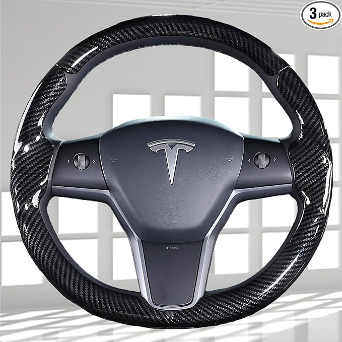 Steering Wheel Cover for Tesla Model 3 2017-2023 & Model Y 2020-2024 | Carbon Fiber，Anti-Slip, Wear & Heat Resistant, Easy to Install, Stylish Sport Design