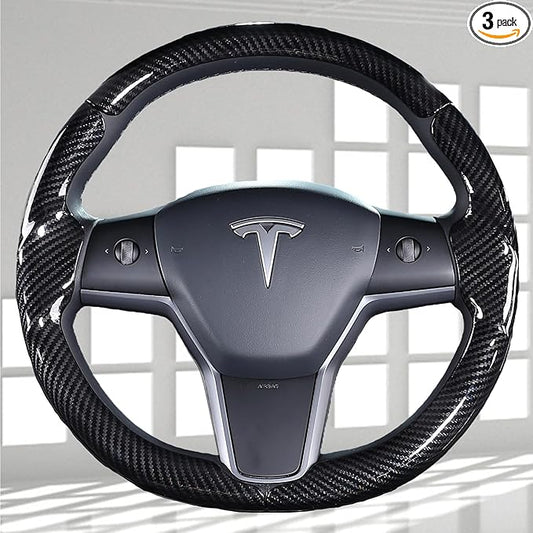 Steering Wheel Cover for Tesla Model 3 2017-2023 & Model Y 2020-2024 | Carbon Fiber，Anti-Slip, Wear & Heat Resistant, Easy to Install, Stylish Sport Design