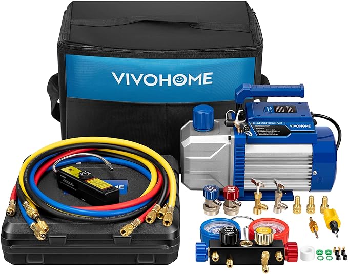 VIVOHOME 110V 1/3 HP 5CFM Single Stage A/C Vacuum Pump and 4 Way AC Manifold Gauge Set Kit with Leak Detector 5ft Hoses for R134a R12 R22 R502 R410a HVAC Air Conditioning Refrigeration Recharging