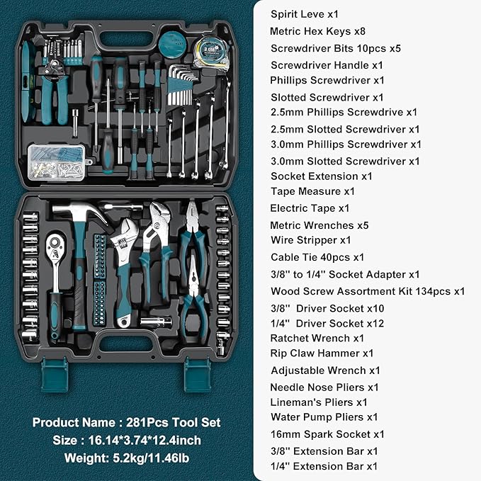 Sundpey Home Tool Kit 281-PCs - Portable Complete Basic Repair General Hand Tool Sets for Men Women - Full Tool Set with Socket Wrench Set & Screwdriver Set & Metric Hex Key & Pliers & Tool Box Case