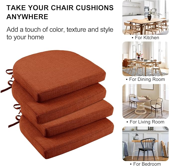 Wellsin Chair Cushions for Dining Chairs 4 Pack - Kitchen Chair Cushions with Ties and Non-Slip Backing - Dining Chair Pads 16"X16"X2", Orange