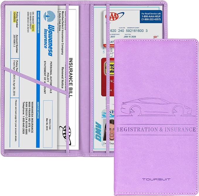 TOURSUIT Car Registration and Insurance Card Holder, Vehicle License Document Glove Box Compartment Organizer, Interior Car Accessories for Women Men Teens (Purple)