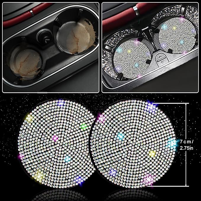 NBTEPEM 12 Pcs Bling Car Accessories Set for Women Car Floor Mats Full Set Steering Wheel Cover Seat Belt Covers Coasters Universal Fit Car SUV Truck Van Multicolor