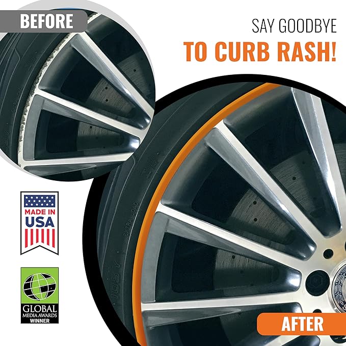 All-Fit Automotive Rim Trim – Durable DIY Car Exterior Accessories for Curb Rash Protection – Fits Up to Four 24” Wheels – Flexible, Durable Wheel Rim Protector (3/8″ width/Orange)