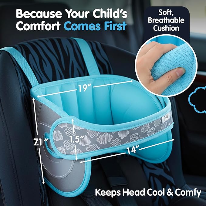 NapUp Adjustable Head Support for Car Seat – Patented & Crash-Tested Anti-Bobbing Head Holder Strap, Comfortable Sleep Solution - Breathable Fabric, Kids Travel Accessories - Ages 2+ - Light Blue