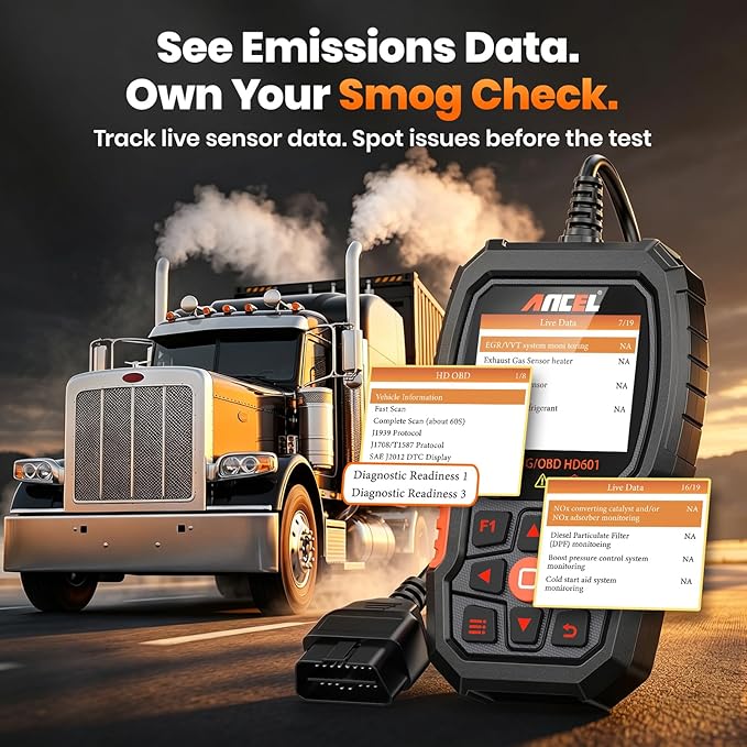 ANCEL New HD601 Heavy Duty Truck Scanner, Diesel Full System Diagnostic Scan Tool Fits for Cummins, Detroit, Volvo, Paccar & Caterpillar, 2 in 1 HDOBD & OBD2 Code Reader for Commercial Vehicles & Cars