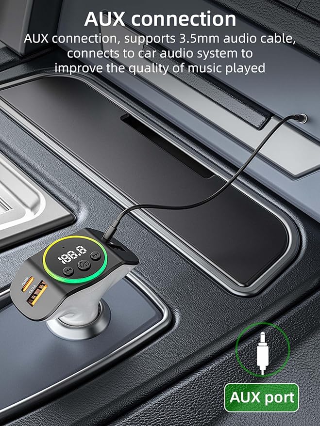 Bluetooth 5.3 FM Transmitter for Car, Wireless Car Adapter with QC3.0/PD30W Fast Charging, Hands-Free Calling, AUX/USB Playback, Navigation Broadcast & 7-Color Mood Light, Ideal for Older Cars/Trucks