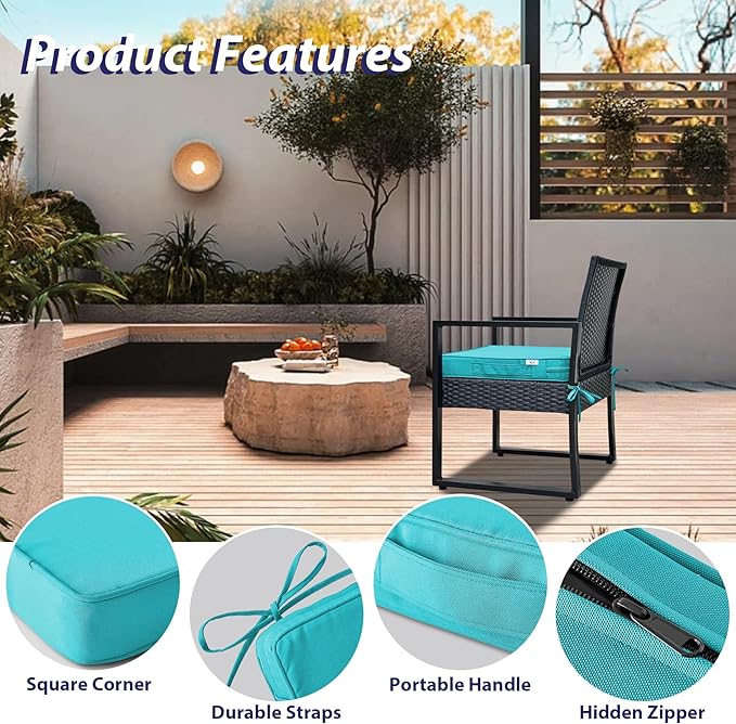 IPYNBAP Outdoor Chair Cushions Set of 4 -Waterproof Outdoor Seat Cushions for Patio Furniture, Patio Chair Cushion with Handle and Ties, Out Door Chair Pads,17x16x2-Square, Teal