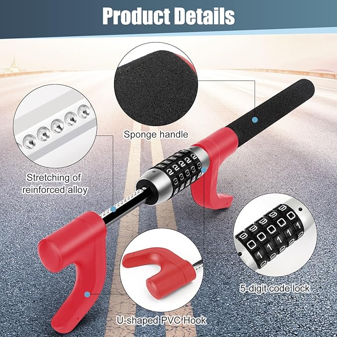 5 Digital Combination Car Steering Wheel Lock,LAMA Password Code Steering Lock, Retractable Keyless Heavy Duty Steering Wheel Lock,Universal Anti-Theft Car Steering Fit for Cars,Trucks,Vans,SUVs