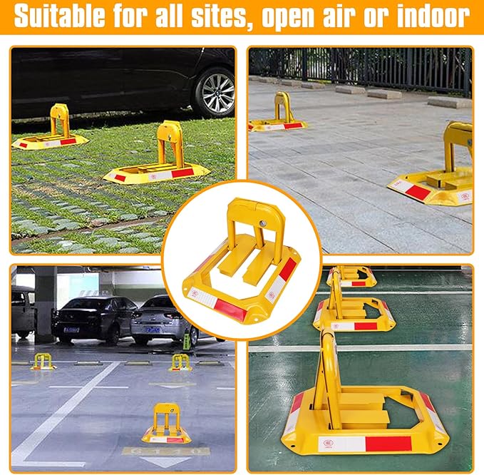 Tevlaphee Orange Foldable Parking Barrier, Cylindrical Lock, Double Lock Design for Extra Protection