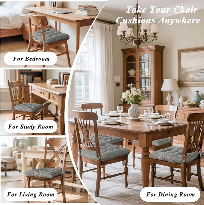 Chair Cushions for Dining Chairs Set of 4 Durable D-Shaped Seat Cushions with Non-Slip Backing Secure Ties Thick Cozy Seat Pad for Kitchen Dining Room Office(18x16.5x3in Light Grey)