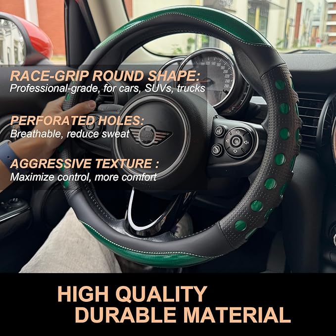 PINCTROT Race Grip Steering Wheel Cover, Anti Slip Silicone Perforated Design with Soft Touch Padding, Enhanced Grip for Sporty Driving, Universal 14.5-15 Inch (Racing Green)