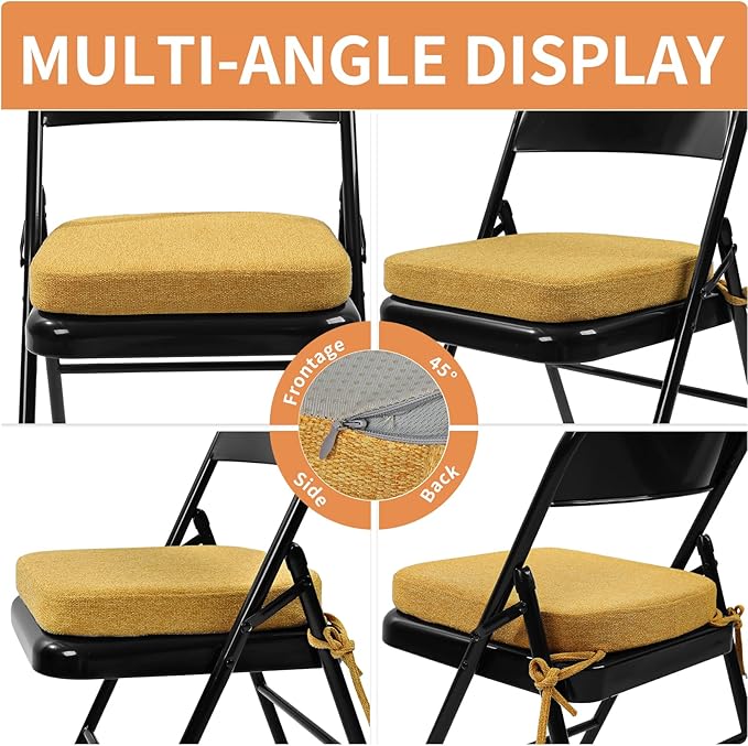 SINOSSO Memory Foam Chair Cushion for Folding Chair 1 Pcs, Thickened 2" Square Kitchen Chair Pad with Ties, Indoor Non-Slip Dining Chair Seat Cushion (1 Piece, Yellow)