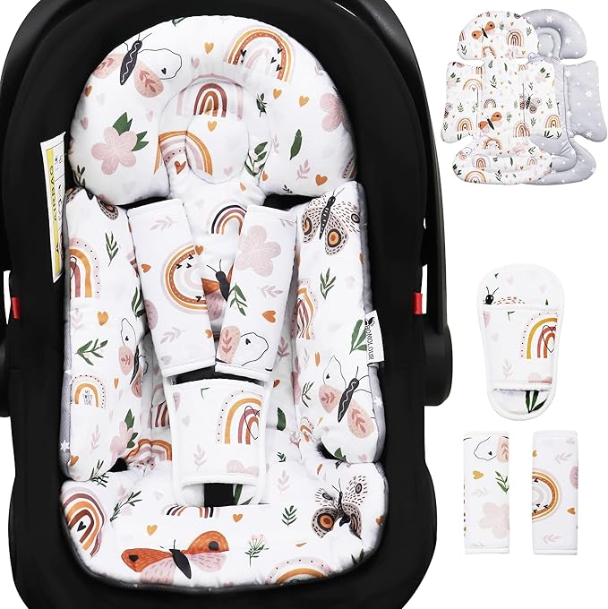 BOMOLOUR Infant Insert, Enlarged Head Support for Baby, Reversible Newborn Insert with 3 Strap Covers, 2-in-1 Baby Cushion for Stroller, Swing, Bouncer, Rocker - Brown Rainbow