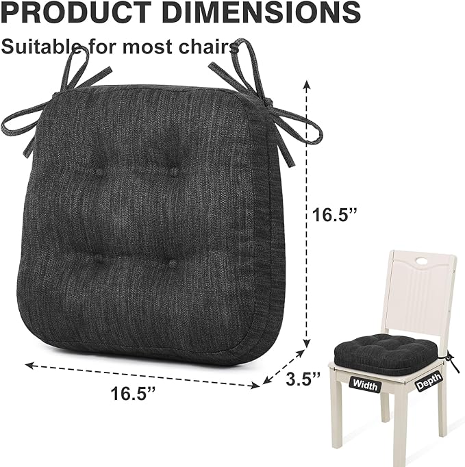 Shinnwa Dining Chair Cushions Set of 4, Dual-Layer Memory Foam Kitchen Chair Cushions, Patented Design Seat Pads with Ties, 16.5 x 16.5 x 3.5in, 4 Pack, Charcoal