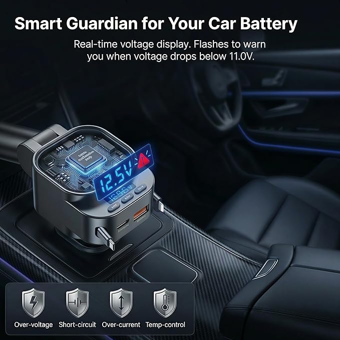 96W Retractable Car Charger, 4-in-1 Bluetooth 5.3 FM Transmitter for iPhone 17 16 15, Fast USB C Car Adapter for Music & Hands-Free Calls, Wireless Radio Receiver for SUV Truck RV