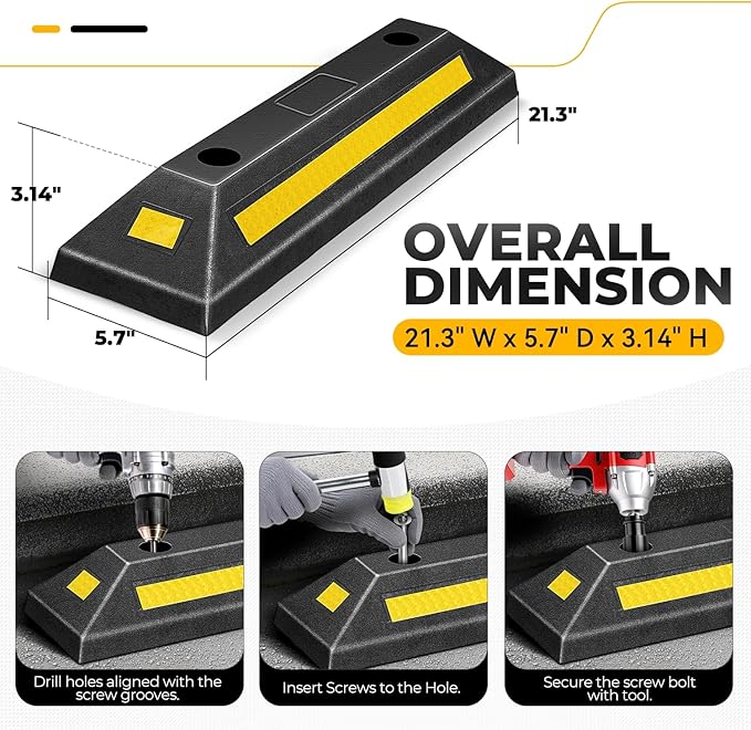 Auto Dynasty 2Pcs Heavy Duty Parking Aid for Garage, 21" Rubber Tire Stops for Garage Floor, High Visibility Garage Car Stopper with Reflective Safety Strips for Car Curb Floor Parking Lot