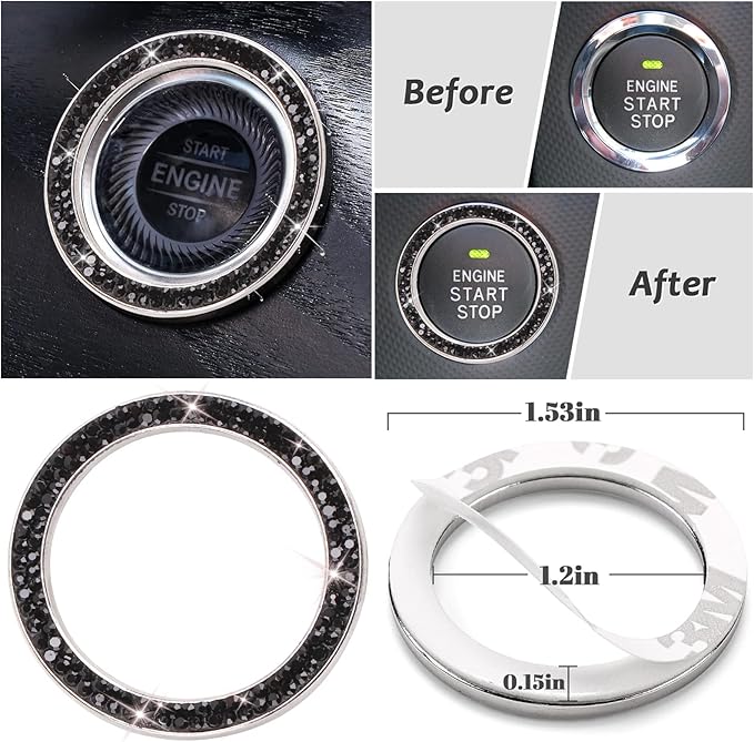 7 Pack Black Bling Car Accessories Set,Crystal Diamond Car Accessories for Women Girl 15 inch,Seat Belt Covers,Bling Gear Shift Cover,Push Start Button Ring, Cup Coaster,Black