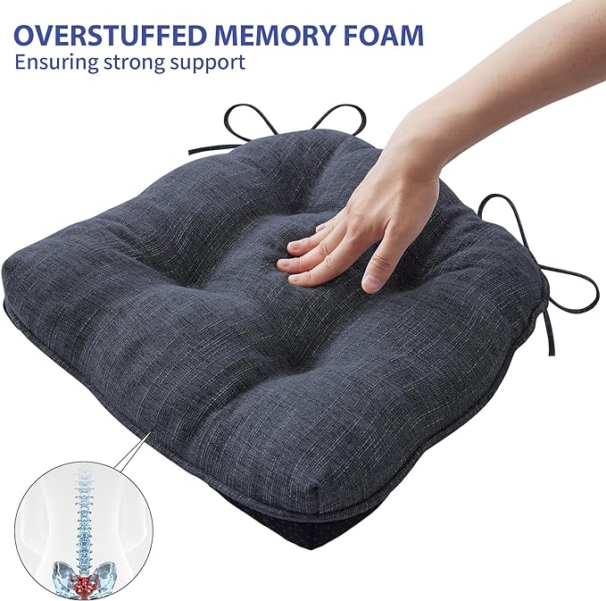 IPYNBAP Chair Cushions for Dining Chairs Set of 4, Kitchen Chair Cushions, Chair Pads with Ties and Non Slip Backing, Tufted Memory Foam Seat Cushion 4 Pack, 15.5" x 15.5" x 4", Navy Blue