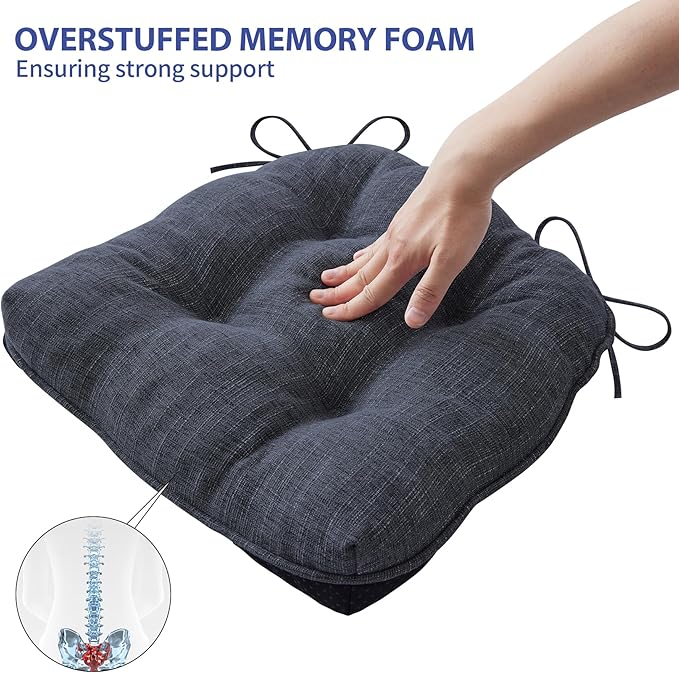 IPYNBAP Chair Cushions for Dining Chairs Set of 2, Kitchen Chair Cushions, Chair Pads with Ties and Non Slip Backing, Tufted Memory Foam Seat Cushion 2 Pack, 15.5" x 15.5" x 4", Navy Blue