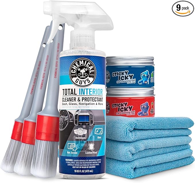 Chemical Guys Car Cleaning Kit Interior 9-Piece - Total Interior Cleaner, Sticky Icky Green Apple & Strawberry Detailing Gel, 3 Detailing Brushes, 3 Towels, Safe for Cars, Trucks, SUVs & More