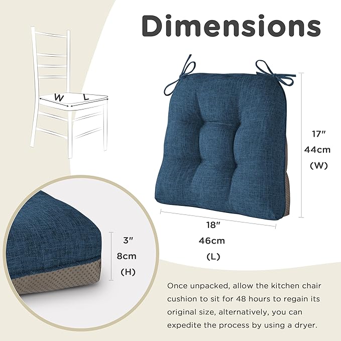 AddGrace Chair Cushions for Dining Chairs Set of 4 Kitchen Seat Cushions with Ties and Non Slip Backing Tufted Indoor Seat Pad for Kitchen Dining Room 18" x 17" x 3" Navy