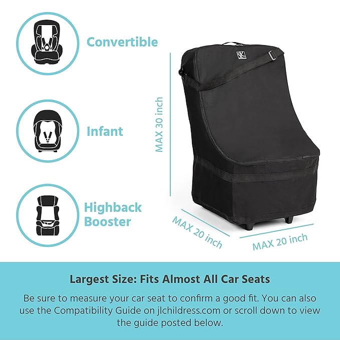 J.L. Childress Wheelie Car Seat Bag - Travel Bag for Airplane, Fits Most Baby & Infant Car Seats, Boosters, & Carriers, Airport Accessories for Gate Check or Baggage Check, Dual Rubber Wheels - Black
