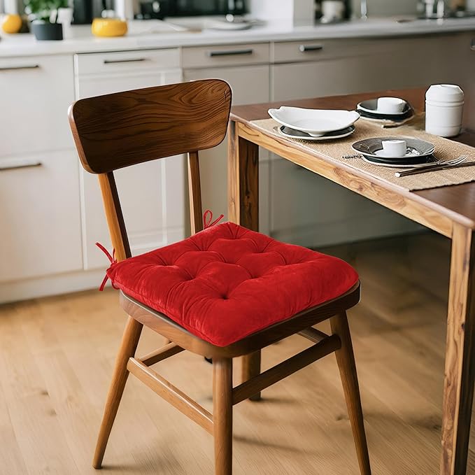 ELFJOY Set of 4 Square Chair Pads Indoor Seat Cushions Pillows with Ties Thick Soft Seat Cushion for Kitchen Dining Office Chair (18", Red)