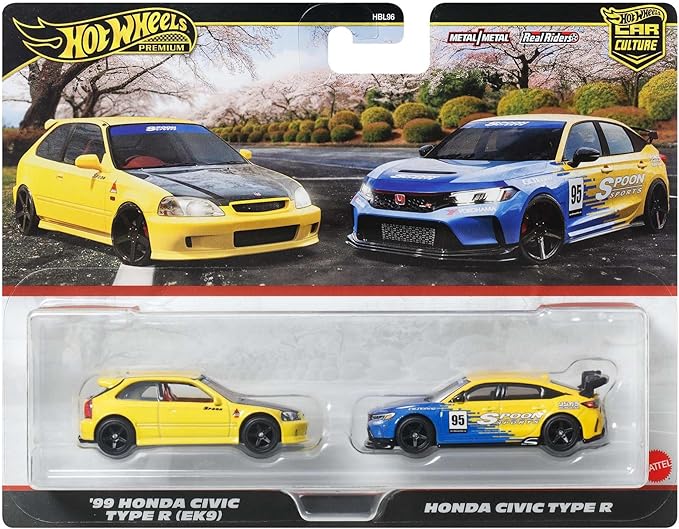 Hot Wheels Premium Car Culture 2 Pack '99 Honda Civic Type R EK9 & Spoon FL5, 1:64 Scale Models