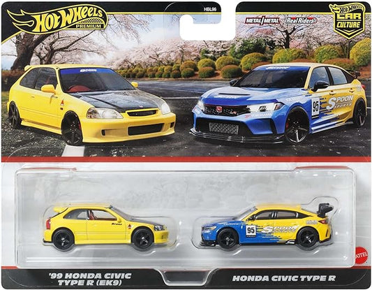 Hot Wheels Premium Car Culture 2 Pack '99 Honda Civic Type R EK9 & Spoon FL5, 1:64 Scale Models