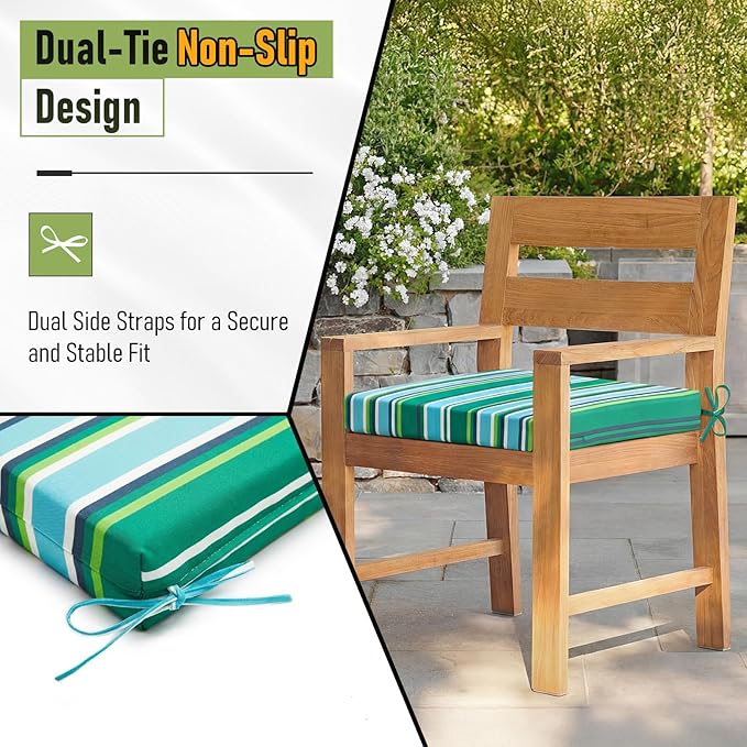 Basic Beyond Outdoor Chair Cushions Set of 4, Square Corner Outdoor Cushions for Patio Furniture, Water Resistant Patio Chair Cushions with 2 Ties, 18.5x16x3, Pinstriped Green