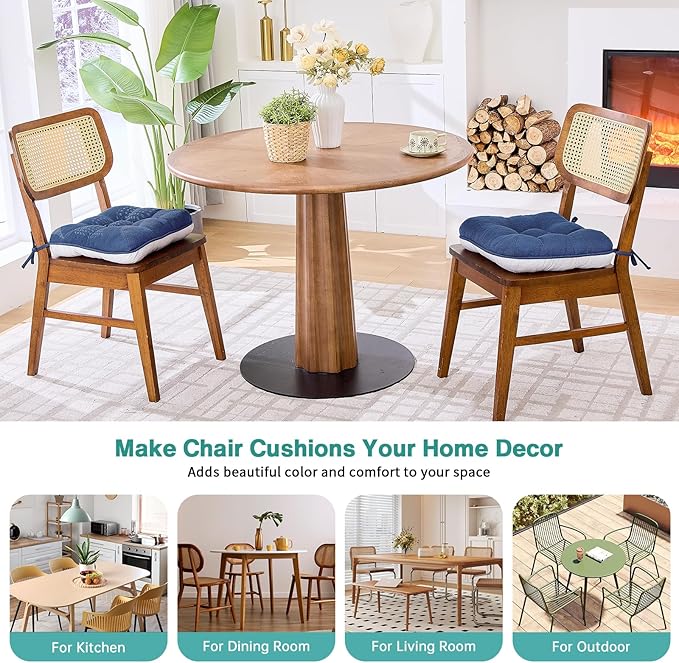 BETU Chair Cushions for Dining Chairs Set of 2,3.5" Thick Outdoor Indoor Chair Pads with Ties,Non Slip Backing and Covers, Seat Cushion for Kitchen Dining,Bar,Patio Furniture15.5"X15.5"X3.5",Navy Blue