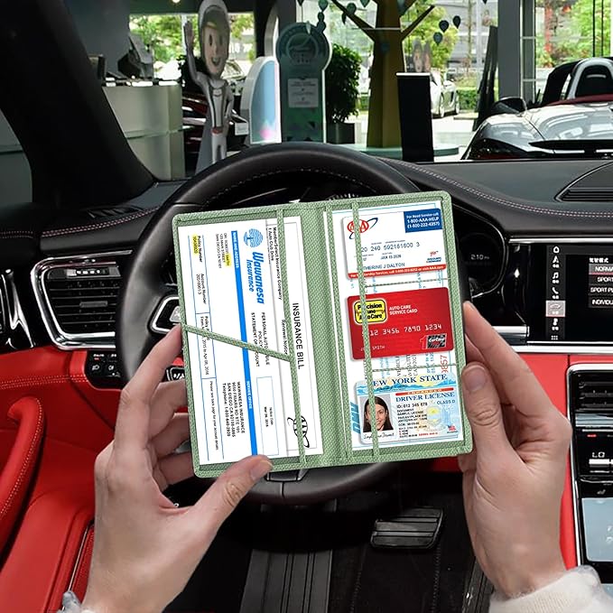 TOURSUIT Car Registration and Insurance Card Holder, Vehicle License Document Glove Box Compartment Organizer, Interior Car Accessories for Women Men Teens (Carbon Green)