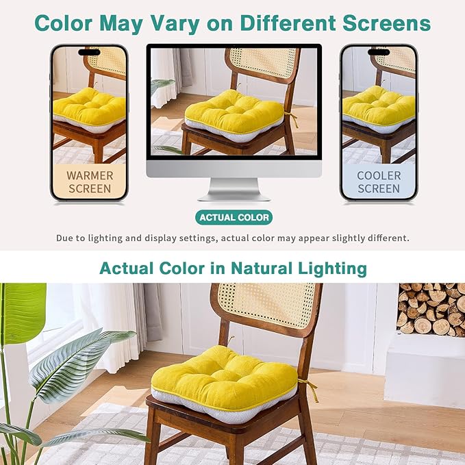 BETU Chair Cushions for Dining Chairs Set of 6,3.5" Thick Kitchen Table Chair Pads with Ties,Non Slip Backing and Covers, Seat Cushion for Dining Room,Bar,Patio Chairs,15.5"X15.5"X3.5",Gold
