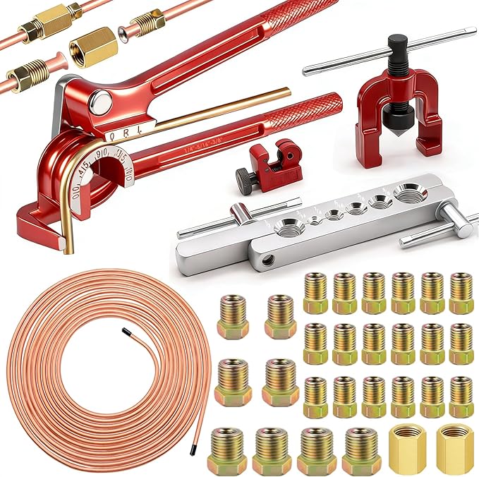 smseace 26Pack 3/16 Inch Brake line kit Include 25 FT Copper-Plated Brake Lines with Fitting(16pcs Fittings,2pcs Union+4pcs Nut) Brake line Bender,Single Flare Tool,Cutter 3/16 Inch Brake line kit