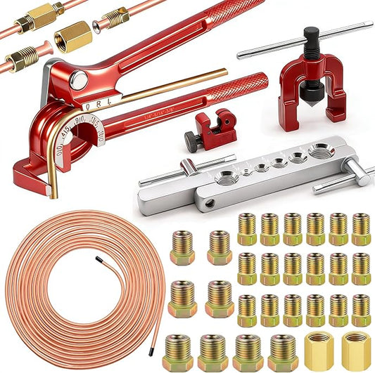 smseace 26Pack 3/16 Inch Brake line kit Include 25 FT Copper-Plated Brake Lines with Fitting(16pcs Fittings,2pcs Union+4pcs Nut) Brake line Bender,Single Flare Tool,Cutter 3/16 Inch Brake line kit