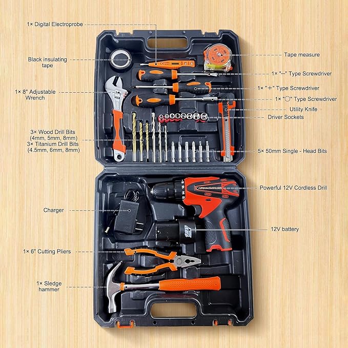 33 Picce Orange Tool Kit with 12V Cordless Drill, Tool Box with Drill, Hand Drill Set for Men Women, Home Tool Kits for House Repair, Handyman, DIY
