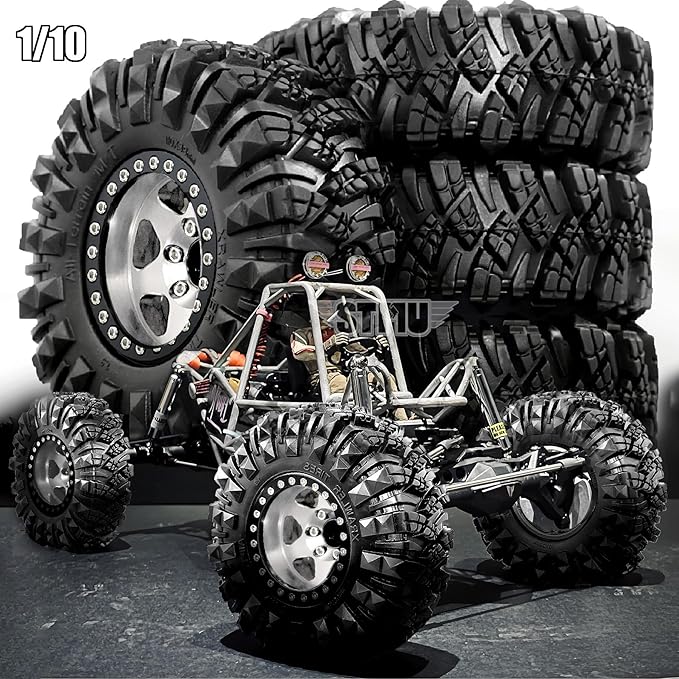 STMU Negative Offset 10.4mm 1.9 Beadlock Wheel Rims Aluminum and 1.9 RC Crawler Tires 4.33 Inch OD Foam Inserts for Traxxas TRX4 Axial SCX10 SCX10 II III RBX10 Redcat Gen 8 (Silvery)