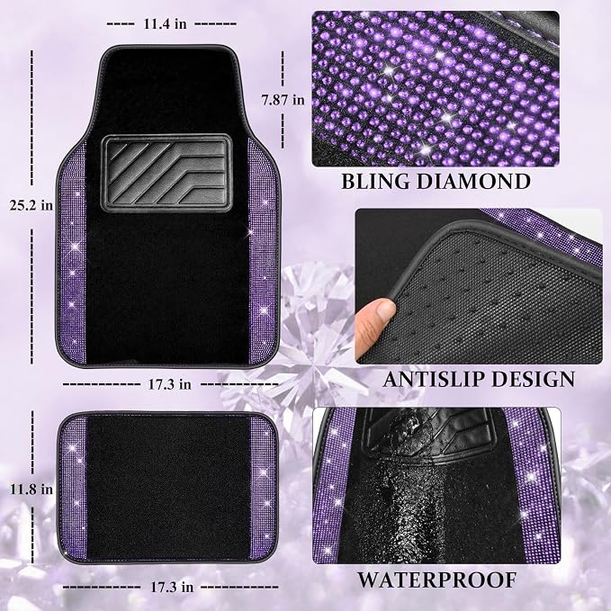 CAR PASS Bling Diamond Leather Steering Wheel Cover 14.5in-15in Floor Mats Shining Rhinestone Carpet Sparkly Glitter Crystal Anti-Slip Pad Fit Automotive SUV Pickup Truck Girl Women, 5pcs Black Purple
