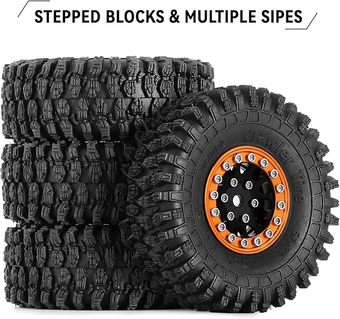 INJORA 1.0 Beadlock Wheel S5 Super Soft Sticky Crawler Tires for TRX4M Axial AX24 SCX24 FCX24 Enduro24 Upgrade, 57 * 22mm(Gold＆Black)