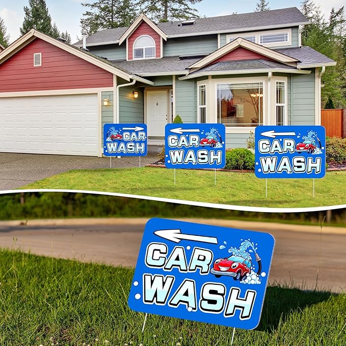 Blulu 3 Pcs Car Wash Arrow Yard Signs 15.7 x 12 Inches Car Wash Sign Double Sided Yard Decoration with Stakes for Outdoor Business Advertising and Events Publicity (Blue)