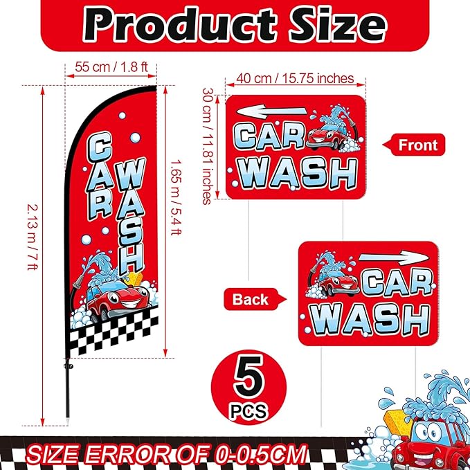 Car Wash Feather Flag Pole Kit Include 7 ft Banner Flag with Poles 5 Pcs Car Wash Sign and 10 Pcs Ground Stake for Outside Business Stores Shops Decoration