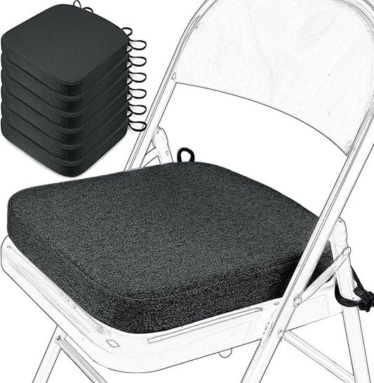 SINOSSO Memory Foam Chair Cushions for Folding Chairs 6 Pack, Thickened 2" Square Pads with Ties for Kitchen Chairs, Indoor Non-Slip Dining Chair Seat Cushions (Set of 6, Black)