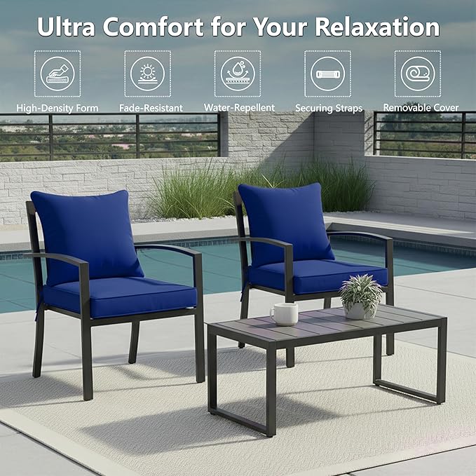 24x24 Inch Outdoor Chair Cushions Set of 2, Patio Furniture Cushions - Removable Cover, Water-Repellent, Fade-Resistant, Non-Slip Bottom & Straps, Replacement for Deep Seat Sofa & Couch - Navy