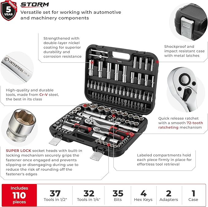 INTERTOOL Metric Socket Set Super Lock, 1/4-inch & 1/2-inch Drive, 110-Piece, Quick Release Ratchets, Extensions, Adapters, Bits, Screwdriver, Metal Latch Hard Case, Tool Gift, ET08-8110