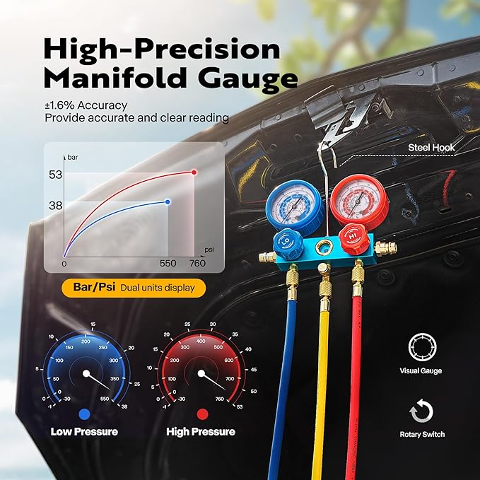 VIVOHOME 110V 1/4 HP 3.5CFM Single Stage Rotary Vane Air Vacuum Pump and AC Manifold Gauge Set Kit with Thermometer for R134a R12 R22 R502 R410a HVAC Air Conditioning Refrigeration Recharging, Black
