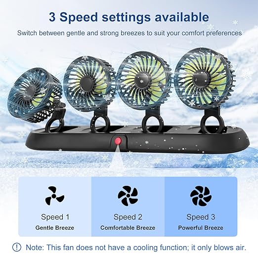 Portable 4-Head Car Cooling Fan - 3-Speed Adjustable, 360° Rotating, Cigarette Lighter Plug, Powerful Airflow for Vehicles, RVs, and SUVs