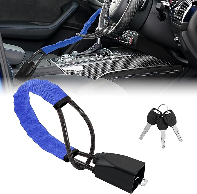 Car Steering Wheel Lock, 1 Pack Anti Theft Car Device with Max 17” Locking Length, Thickened Steel Wire, and Fine Stitched Edges, 3 Keys Included, Easy to Store, Fits Most Vehicles, SUVs（Blue）