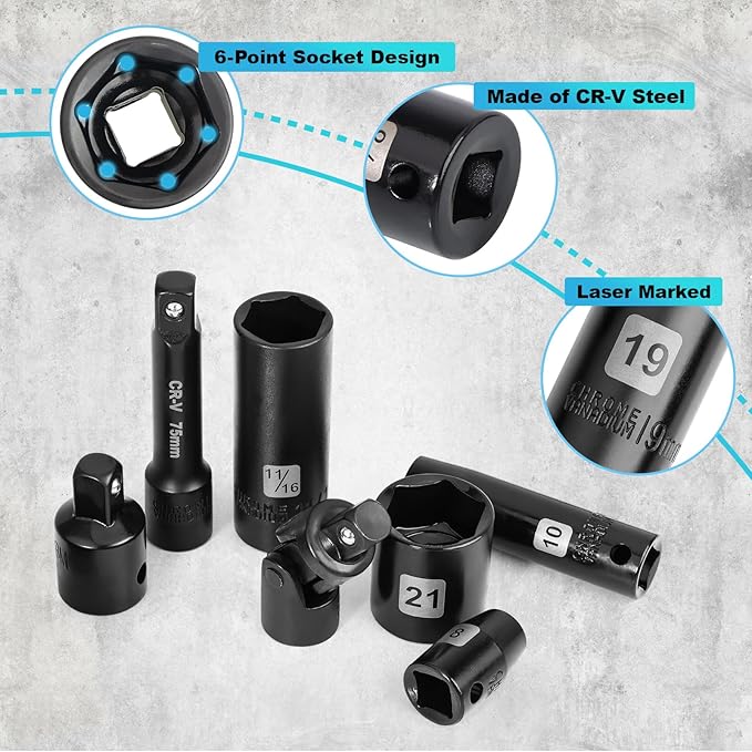 3/8 SAE and metric socket set, 50 Piece Impact Socket Set, StandardSAE (5/16 to 3/4 inch) and Metric (8-22mm) 6 Point, Extension Bars, Impact Universal Joint, Adapter, Cr-V Steel